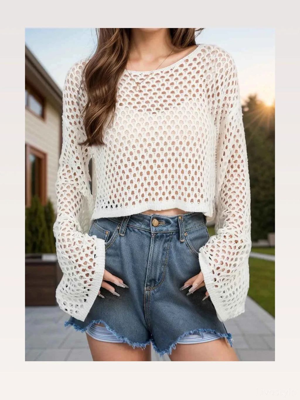 Openwork Round Neck Long Sleeve Cropped Crochet Cover-Up