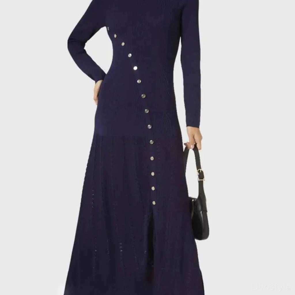 Openwork Round Neck Long Sleeve Knit Sweater Dress