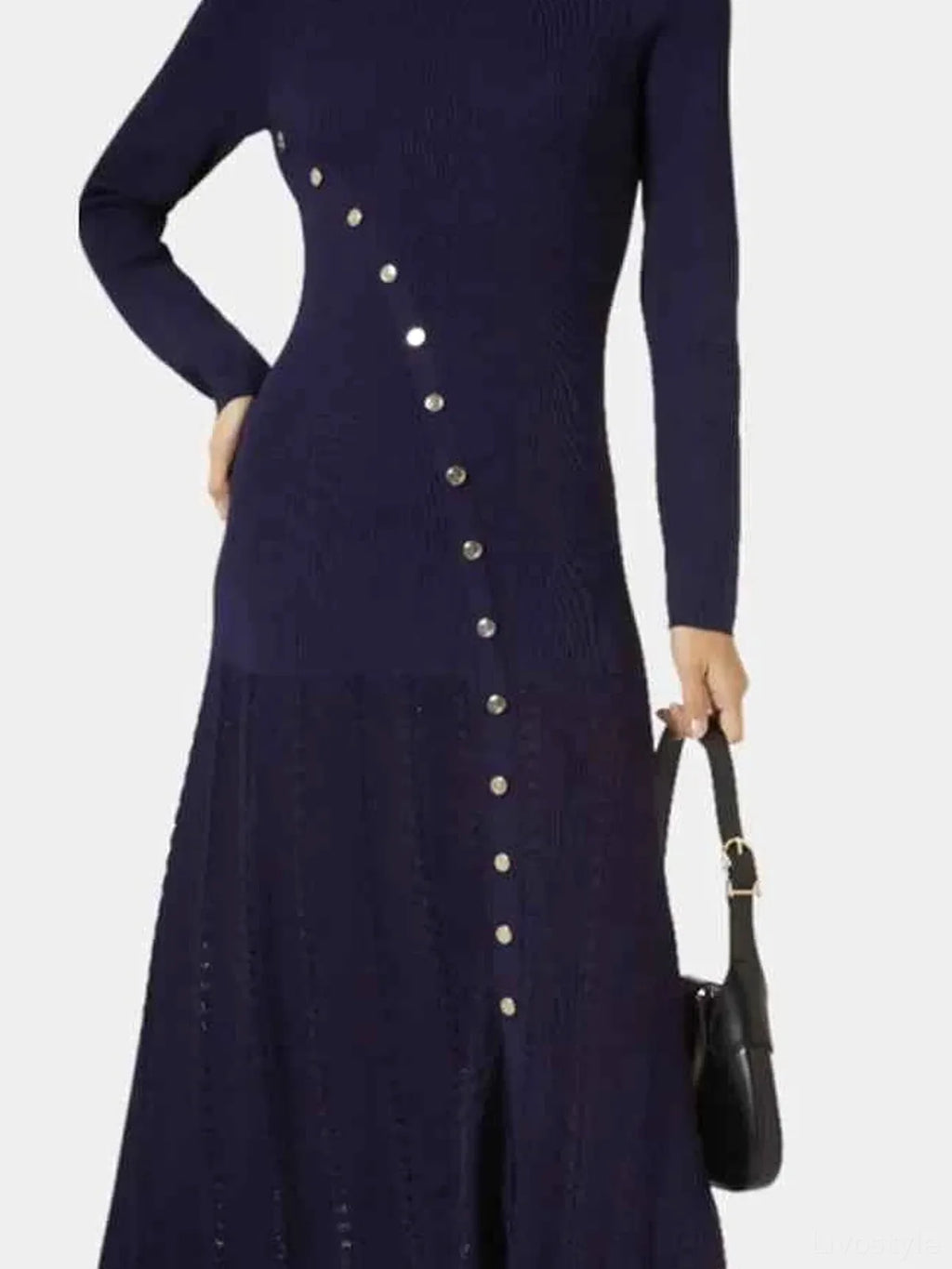 Openwork Round Neck Long Sleeve Knit Sweater Dress