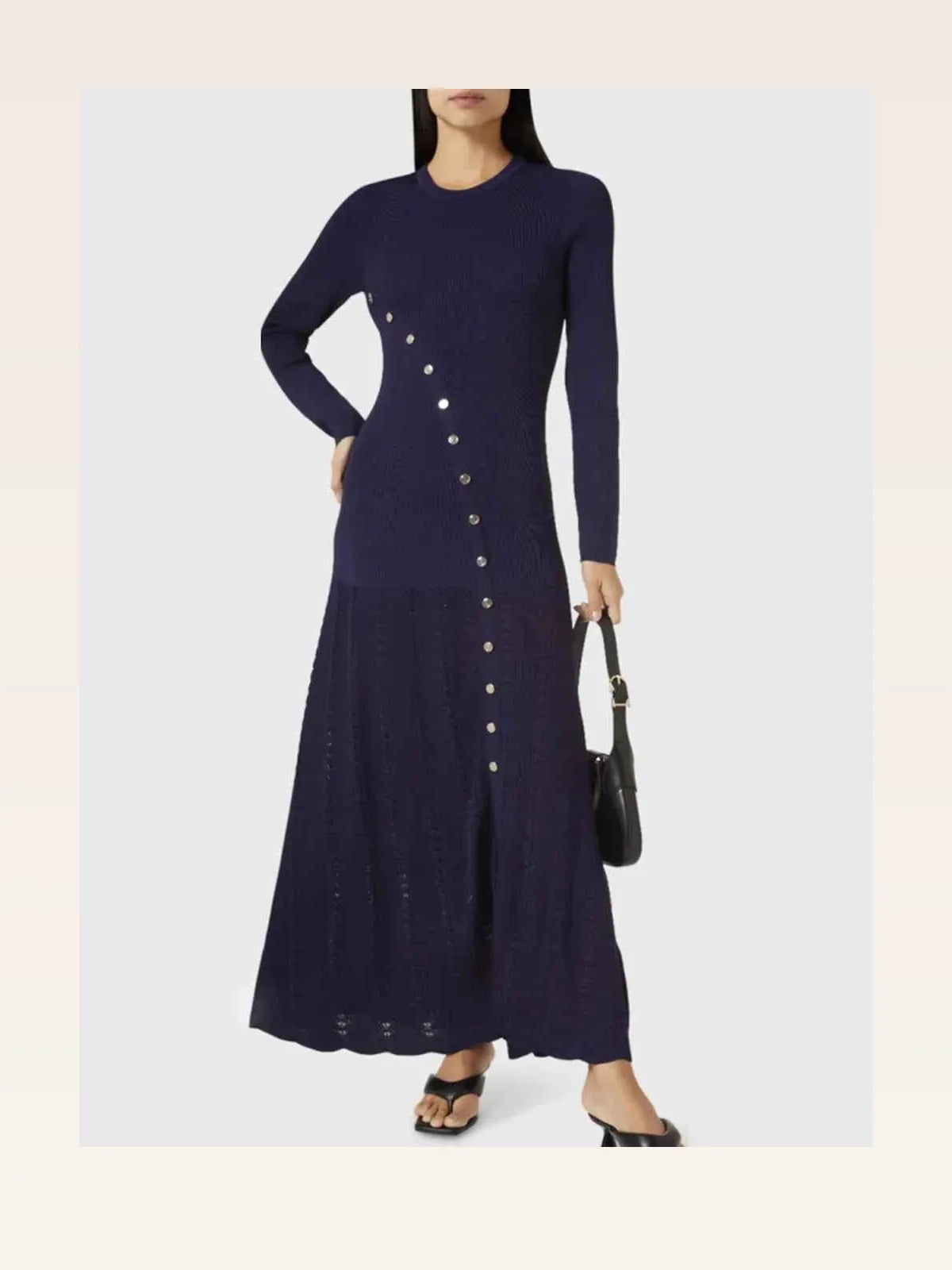Openwork Round Neck Long Sleeve Knit Sweater Dress