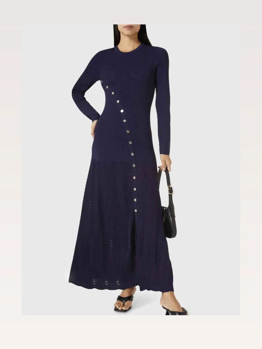 Openwork Round Neck Long Sleeve Knit Sweater Dress
