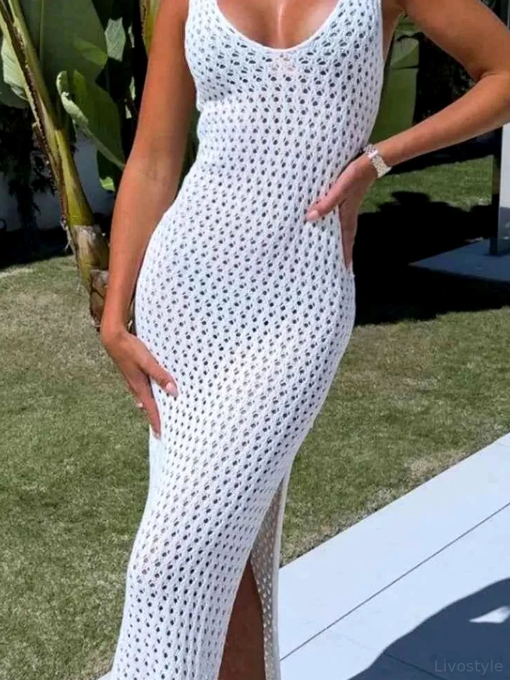 Openwork Slit Scoop Neck Sweater Dress