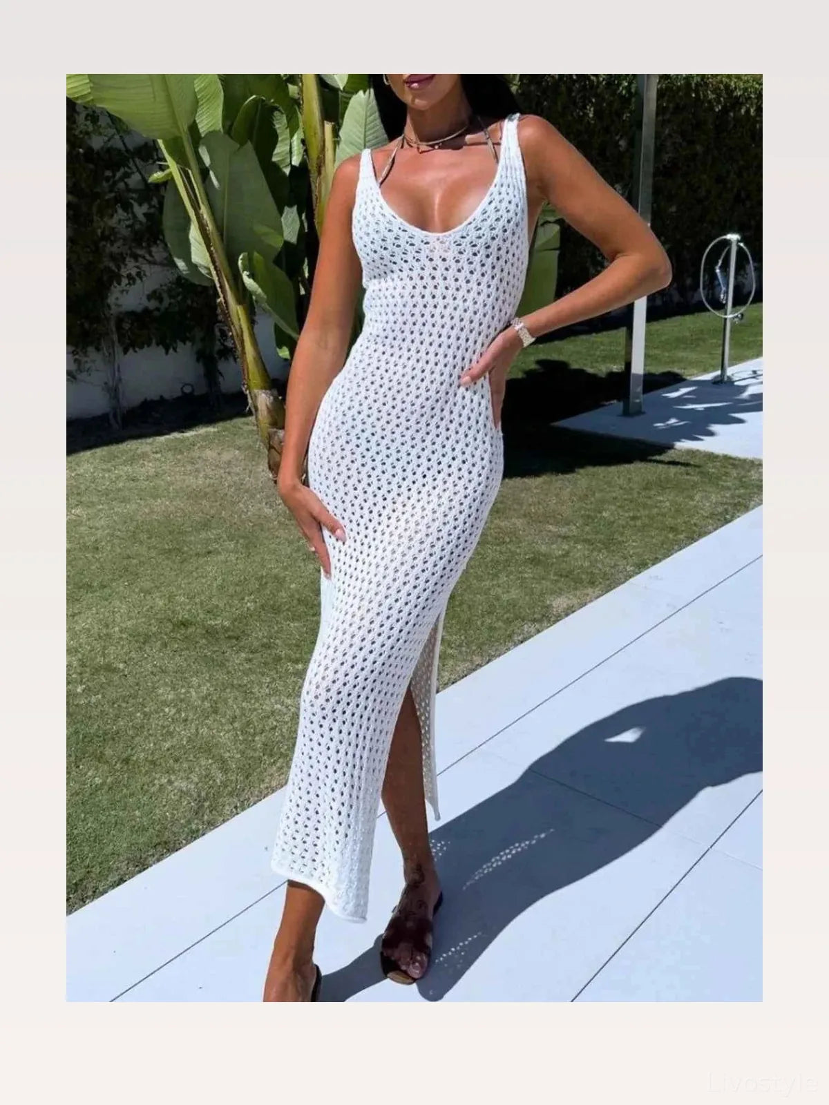 Openwork Slit Scoop Neck Sweater Dress