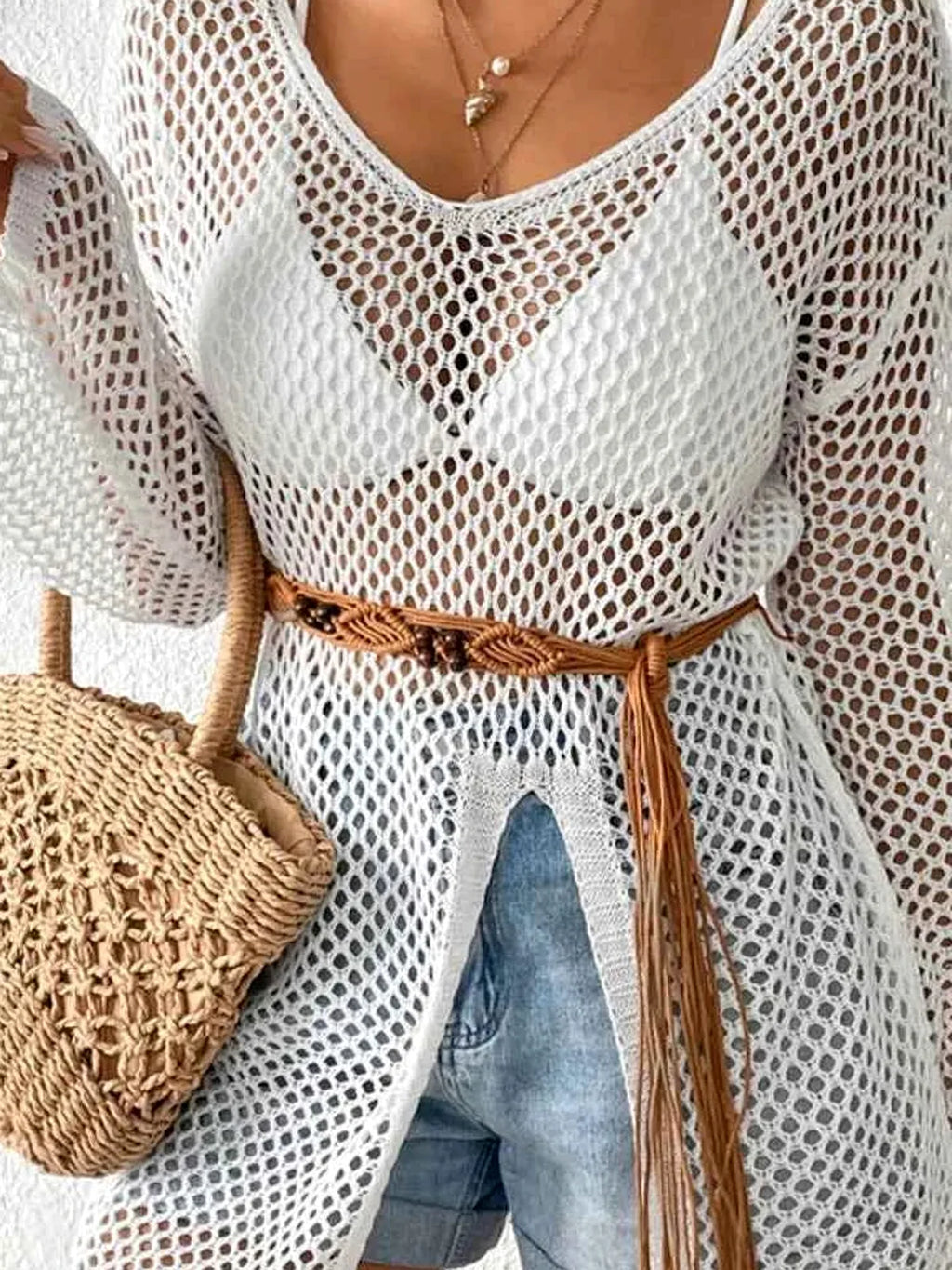 Openwork Knit V-Neck Cover-Up with Side Slit