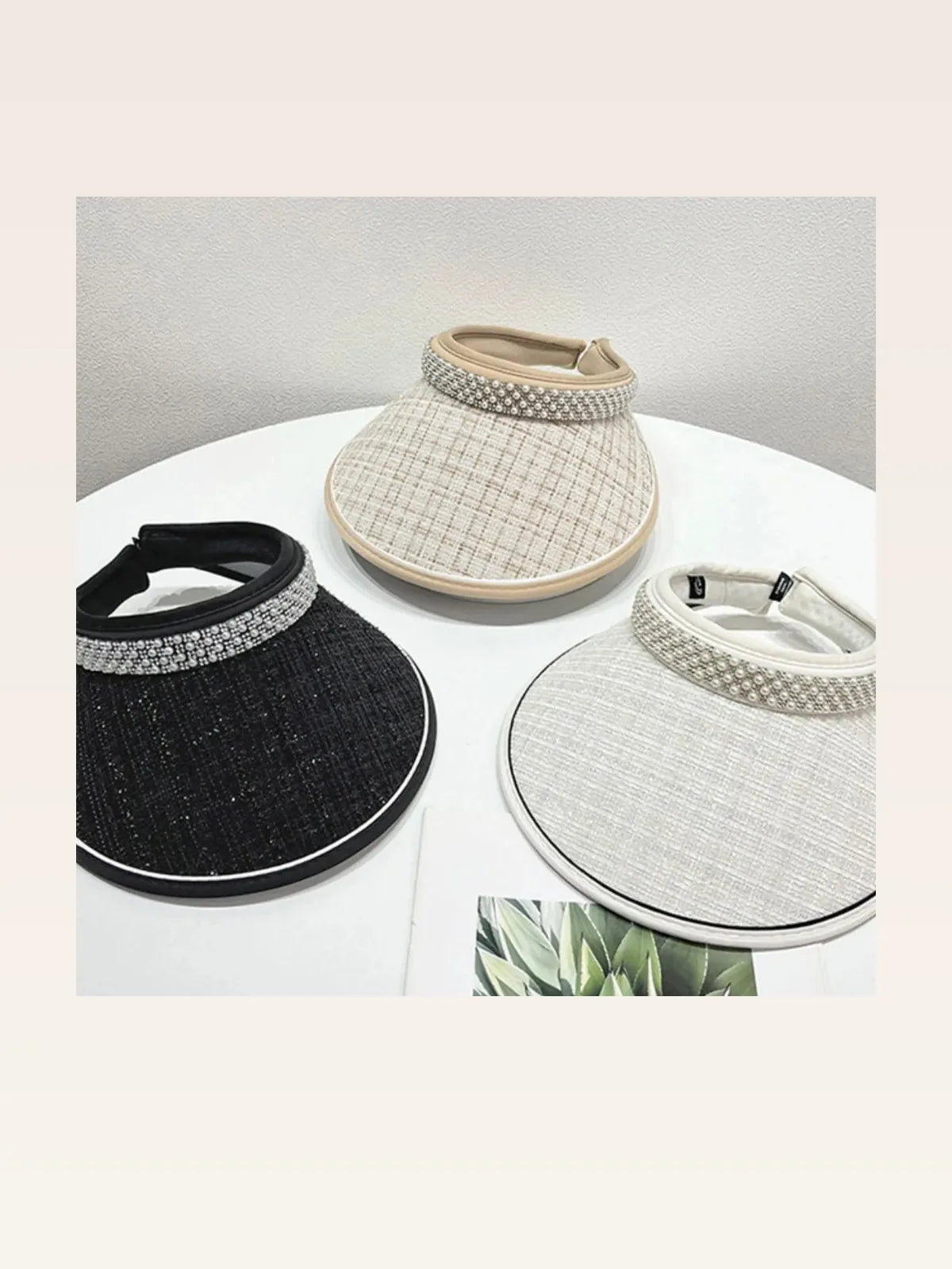 Pearl Detail Checkered Sun Visor Hat