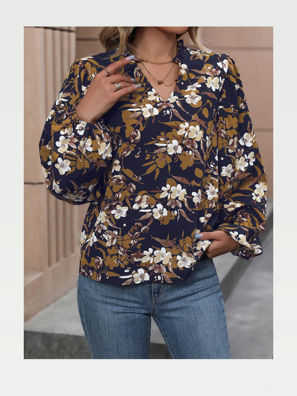 Floral Notched Neck Balloon Sleeve Blouse