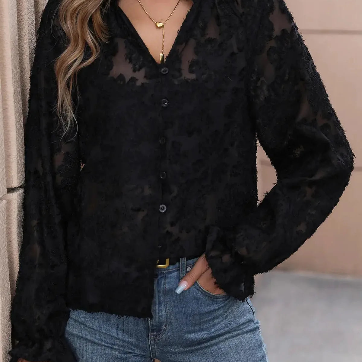 Lace Button-Front V-Neck Long Sleeve Top