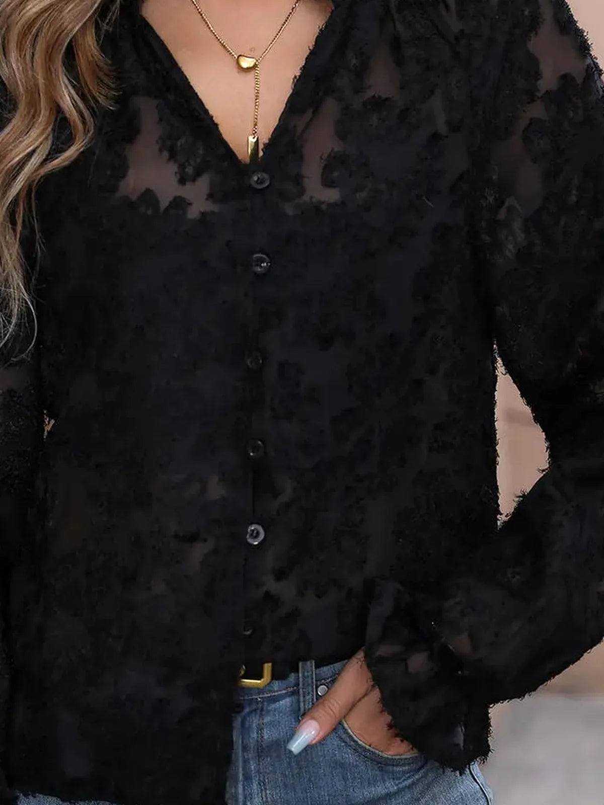Lace Button-Front V-Neck Long Sleeve Top