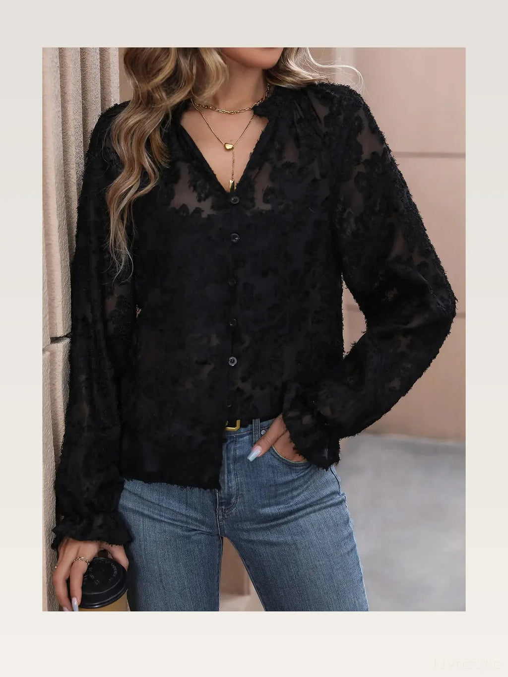 Lace Button-Front V-Neck Long Sleeve Top