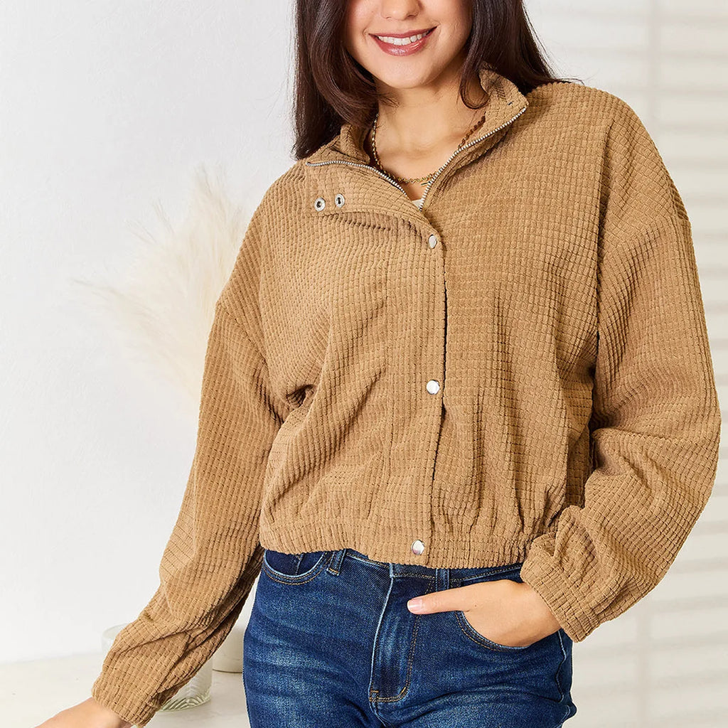 Cropped Corduroy Stand Collar Button-Down Jacket