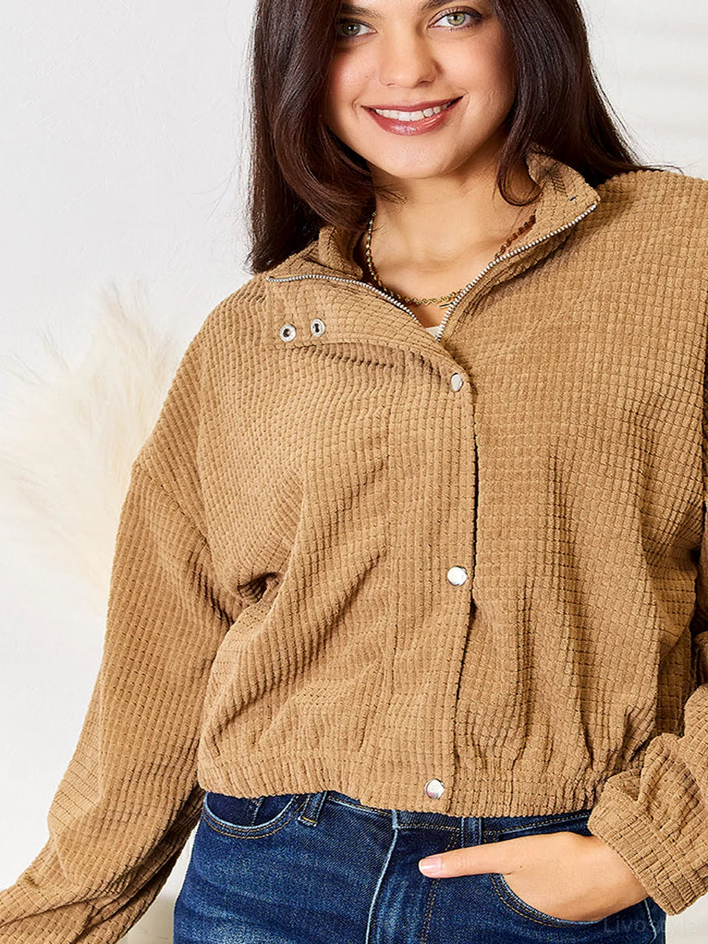 Cropped Corduroy Stand Collar Button-Down Jacket