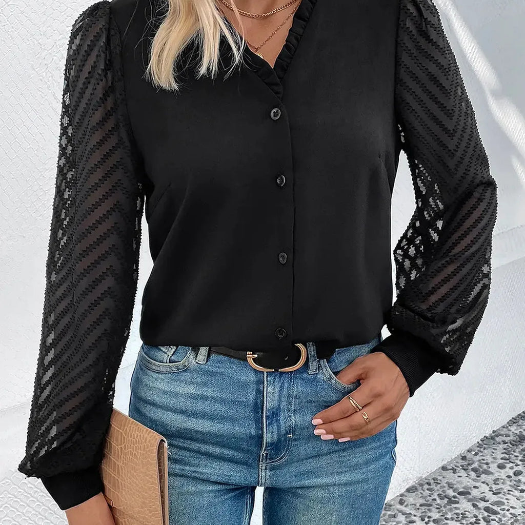 Mesh V-Neck Button Front Blouse with Lace Accents
