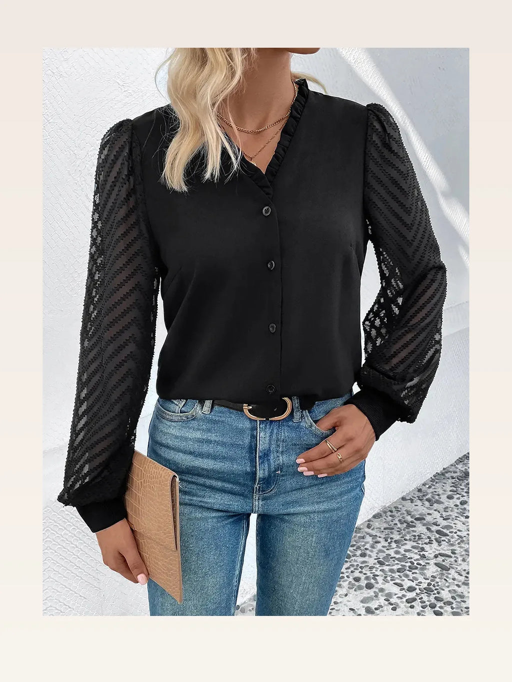 Mesh V-Neck Button Front Blouse with Lace Accents
