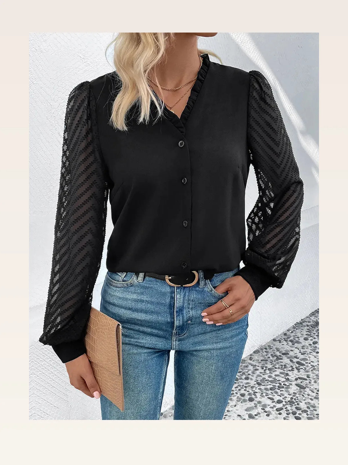 Mesh V-Neck Button Front Blouse with Lace Accents