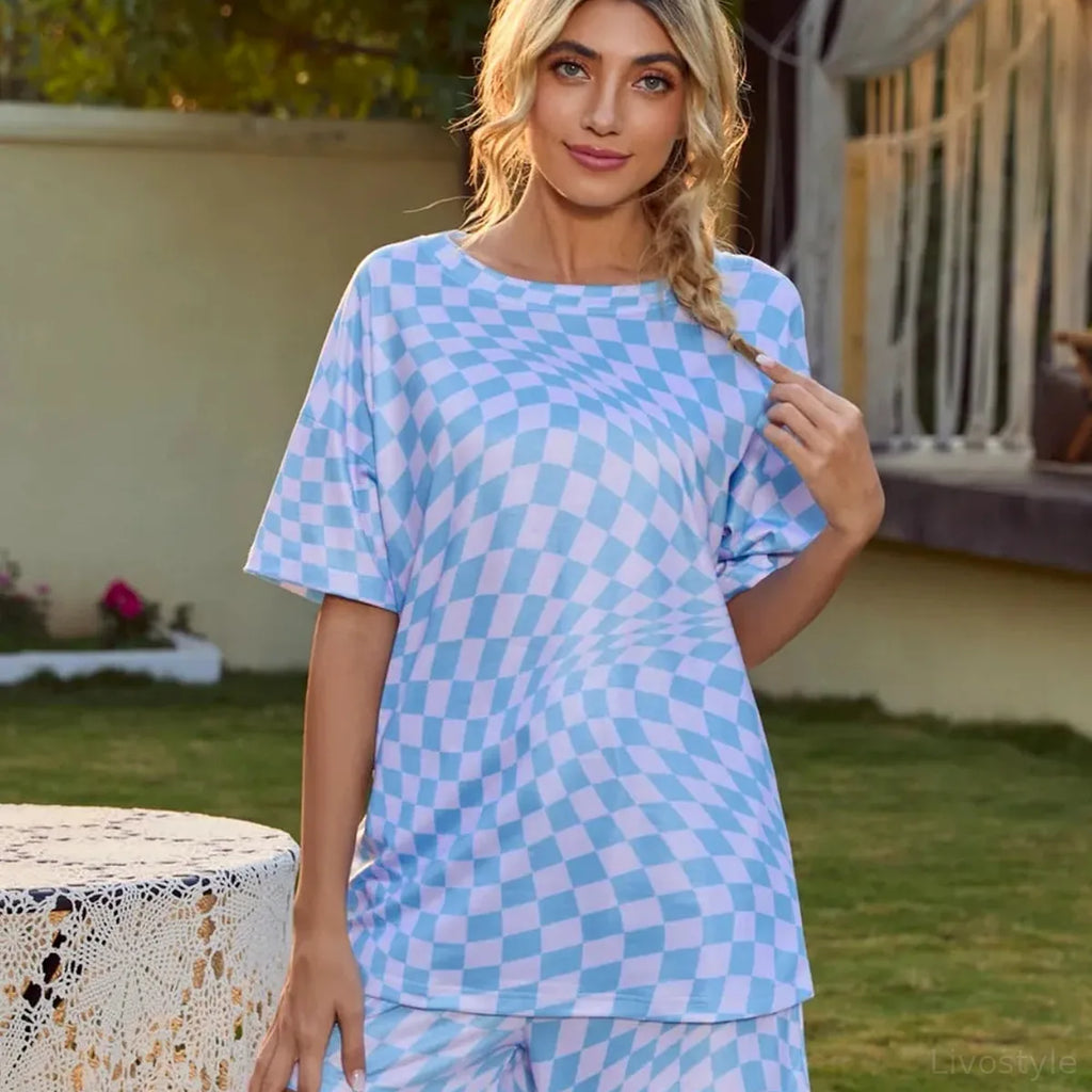 Plaid Round Neck Top and Drawstring Shorts Lounge Set