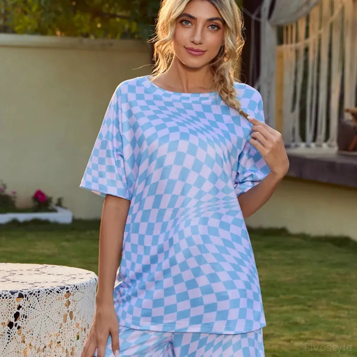 Plaid Round Neck Top and Drawstring Shorts Lounge Set