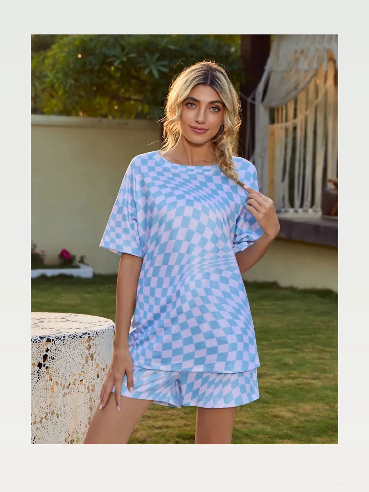 Plaid Round Neck Top and Drawstring Shorts Lounge Set