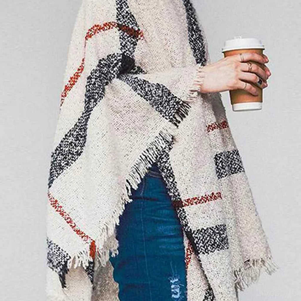 Plaid Turtleneck Raw Hem Poncho with Fringe