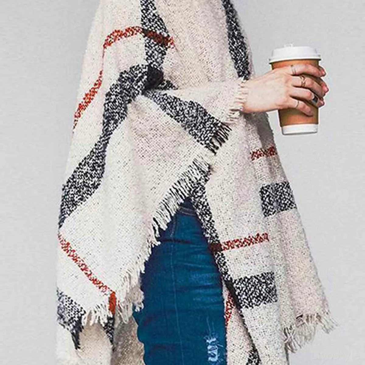Plaid Turtleneck Raw Hem Poncho with Fringe