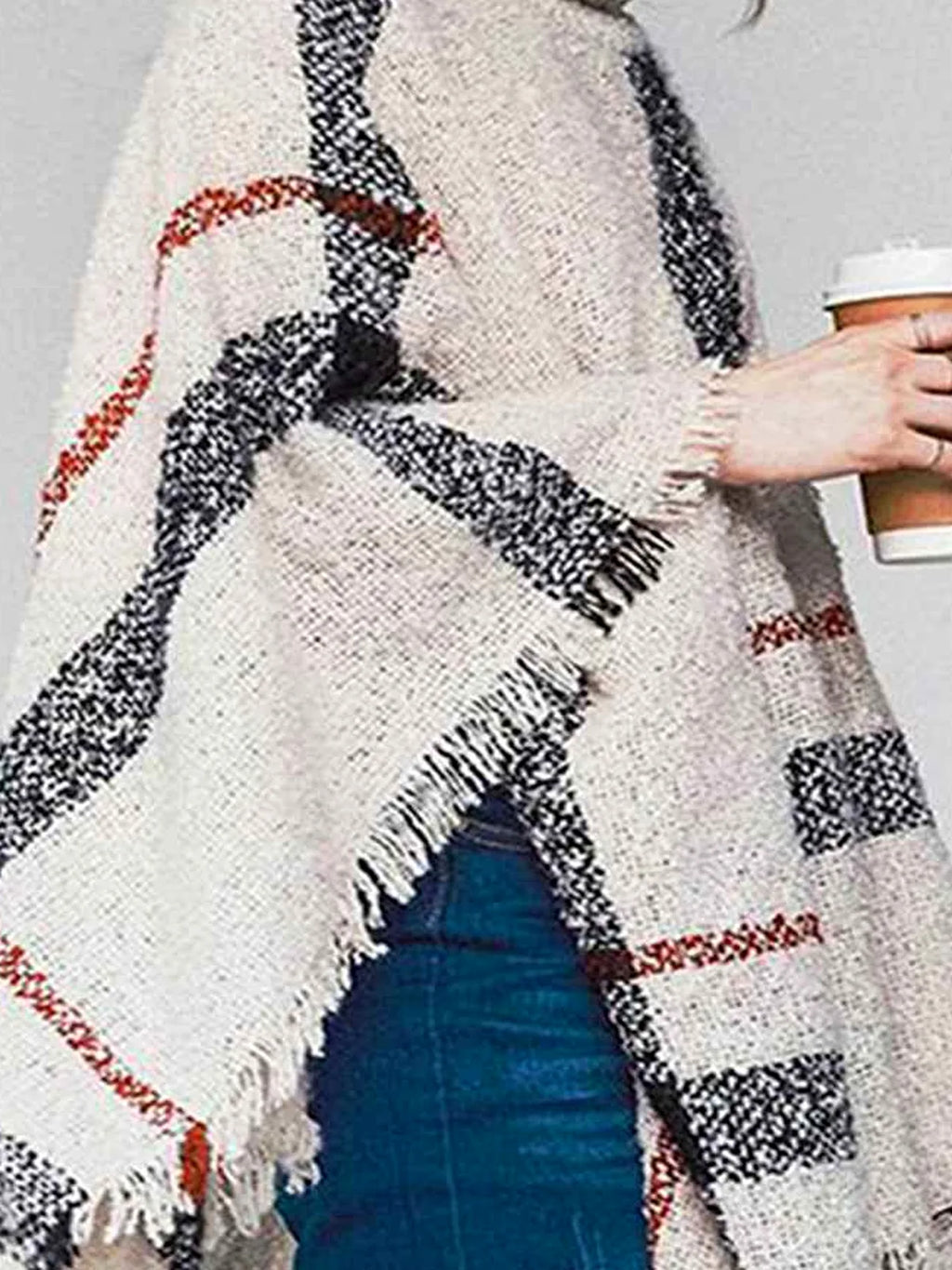 Plaid Turtleneck Raw Hem Poncho with Fringe