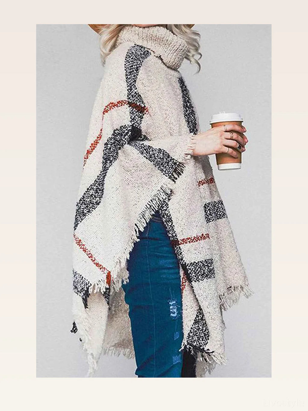 Plaid Turtleneck Raw Hem Poncho with Fringe
