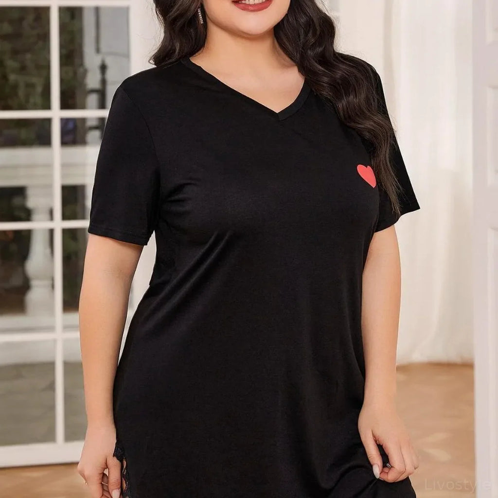 Lace Trim V-Neck Short Sleeve Night Dress – Plus Size