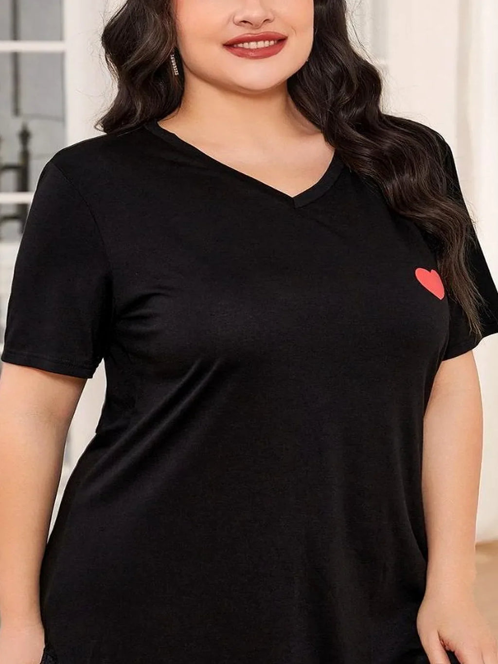 Lace Trim V-Neck Short Sleeve Night Dress – Plus Size