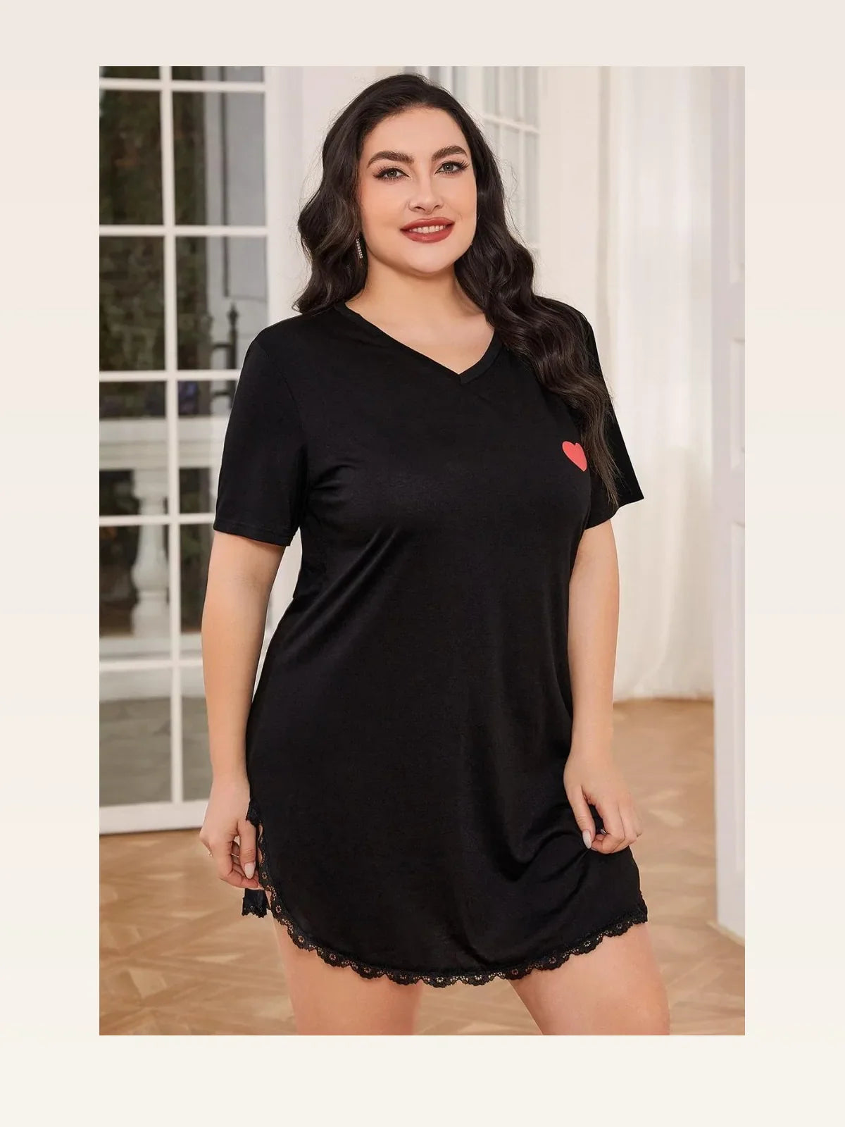 Lace Trim V-Neck Short Sleeve Night Dress – Plus Size
