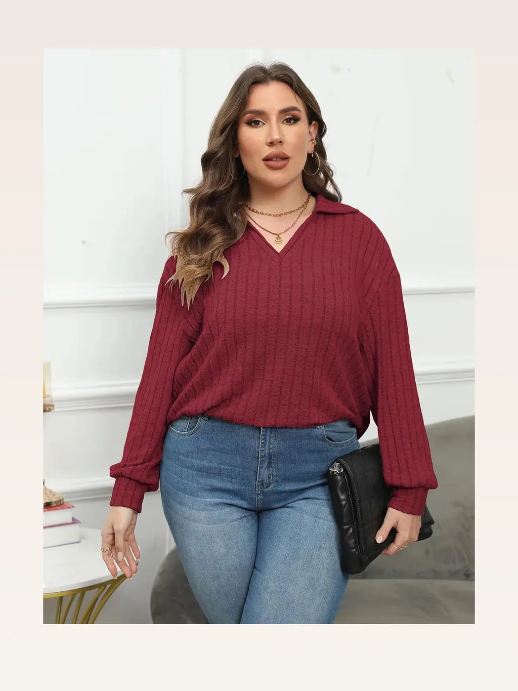 Ribbed Collared Neck Long Sleeve Blouse