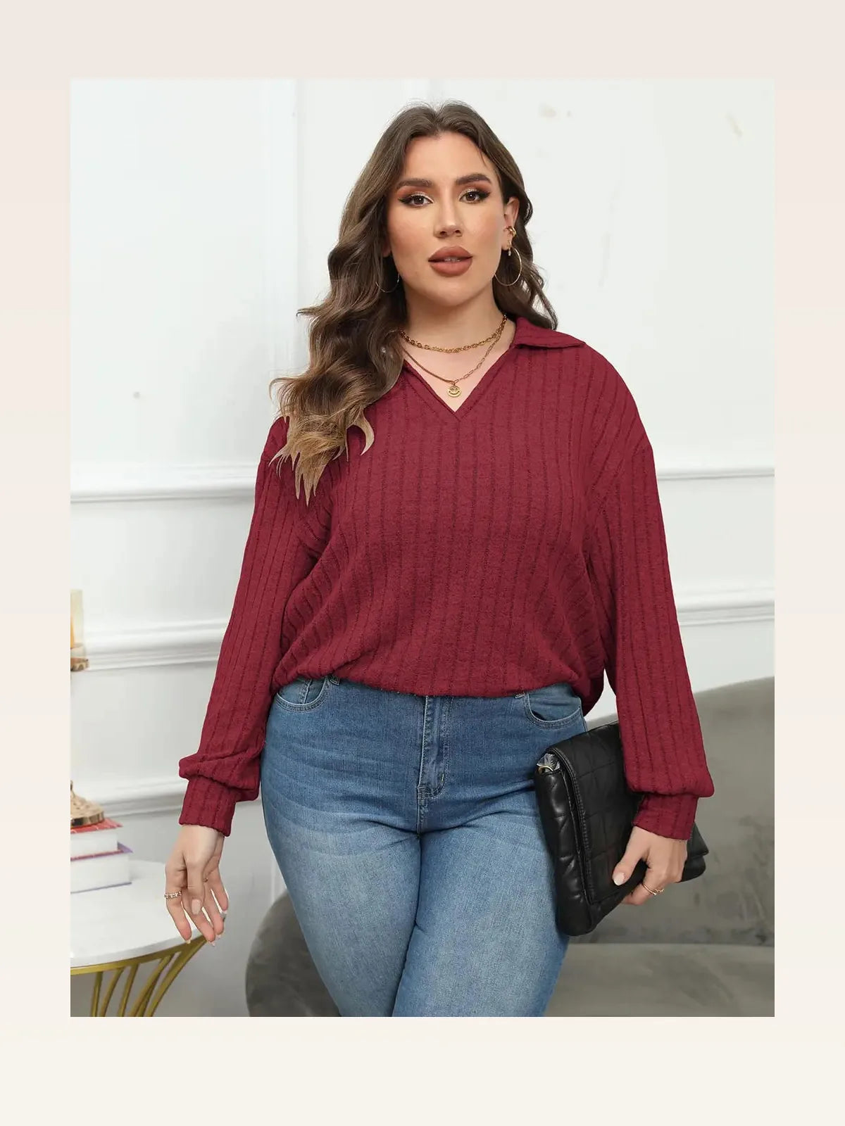 Ribbed Collared Neck Long Sleeve Blouse