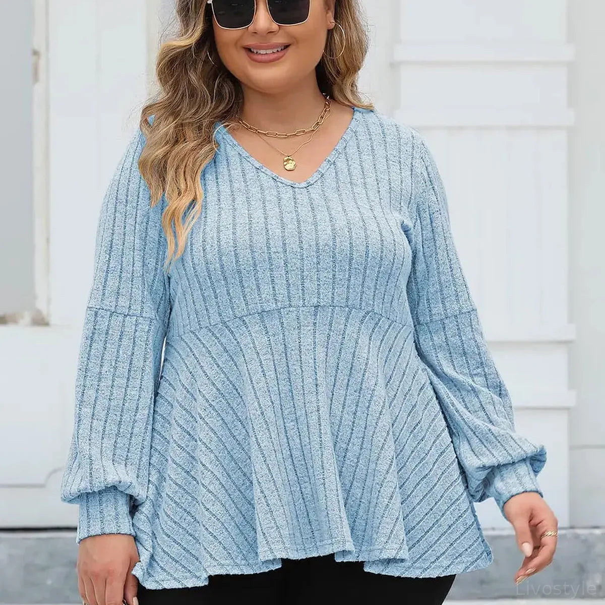 Ribbed V-Neck Long Sleeve Peplum Blouse