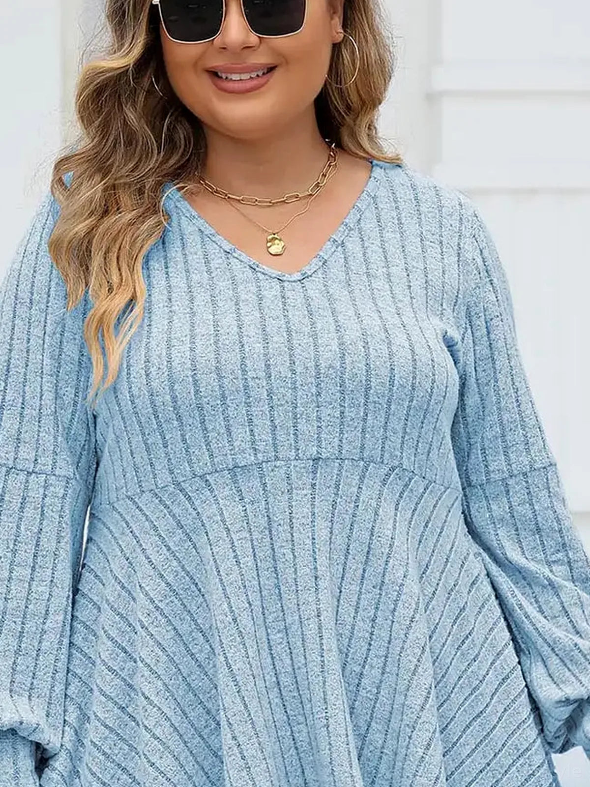 Ribbed V-Neck Long Sleeve Peplum Blouse