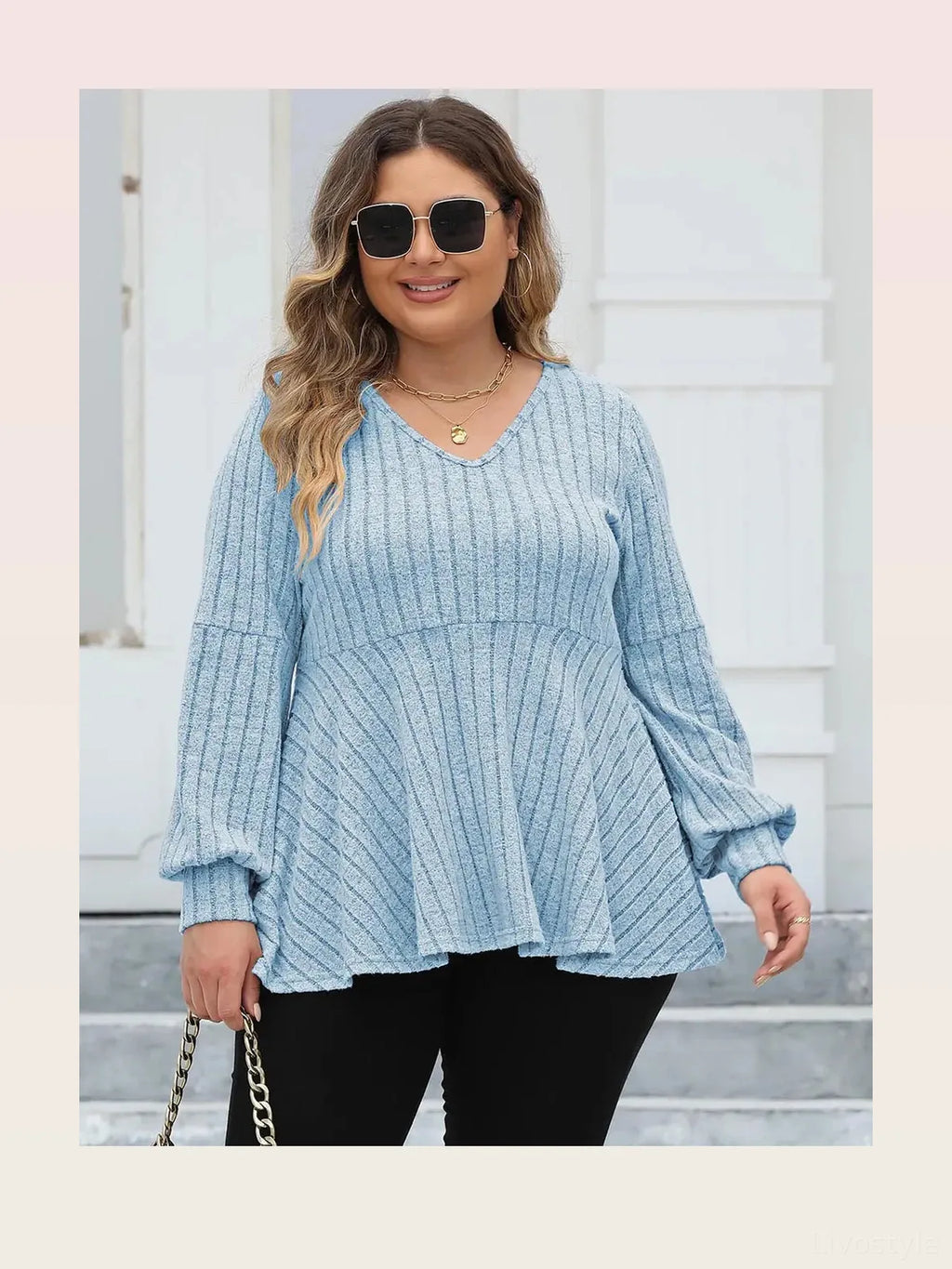 Ribbed V-Neck Long Sleeve Peplum Blouse