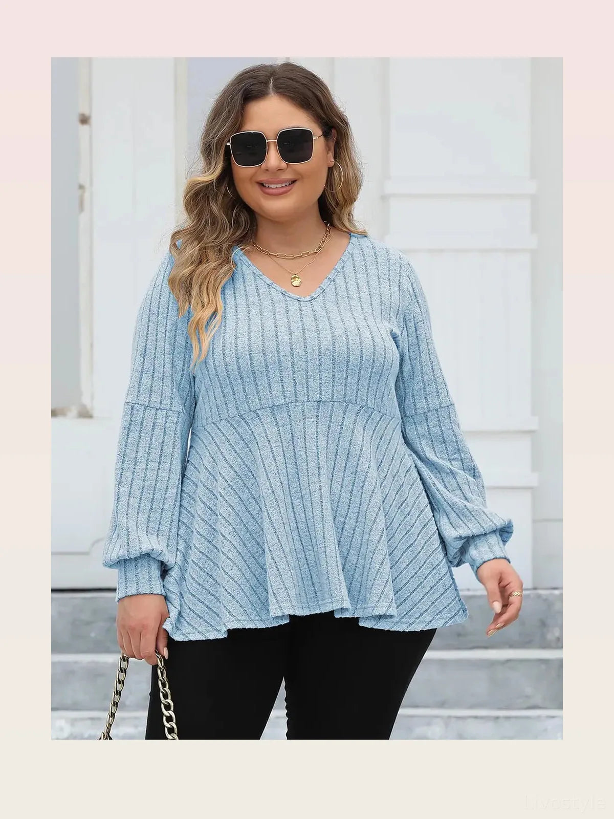Ribbed V-Neck Long Sleeve Peplum Blouse