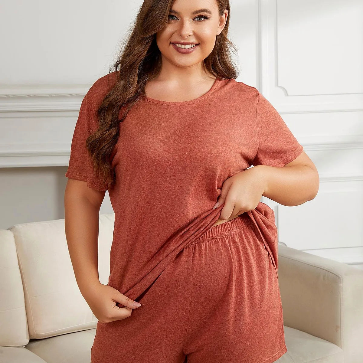 Round Neck Short Sleeve Two-Piece Loungewear Set with Shorts