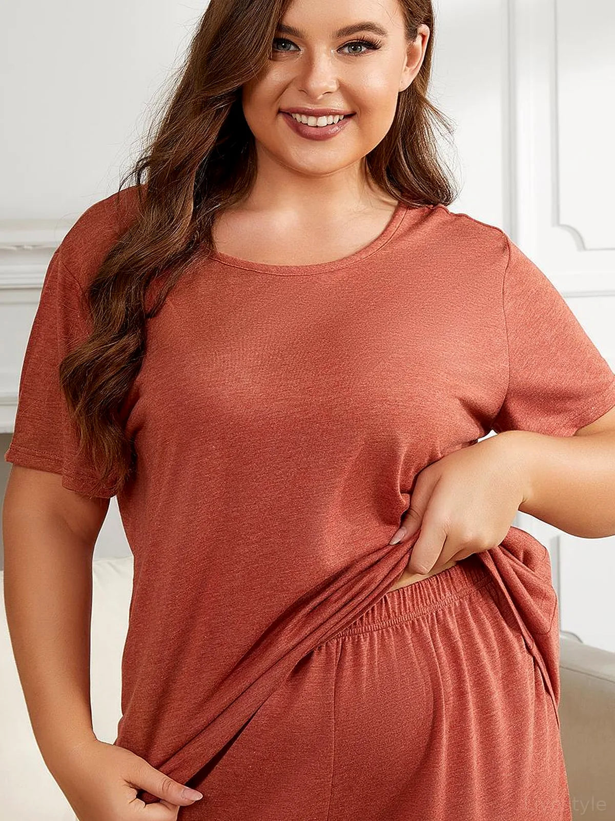 Round Neck Short Sleeve Two-Piece Loungewear Set with Shorts