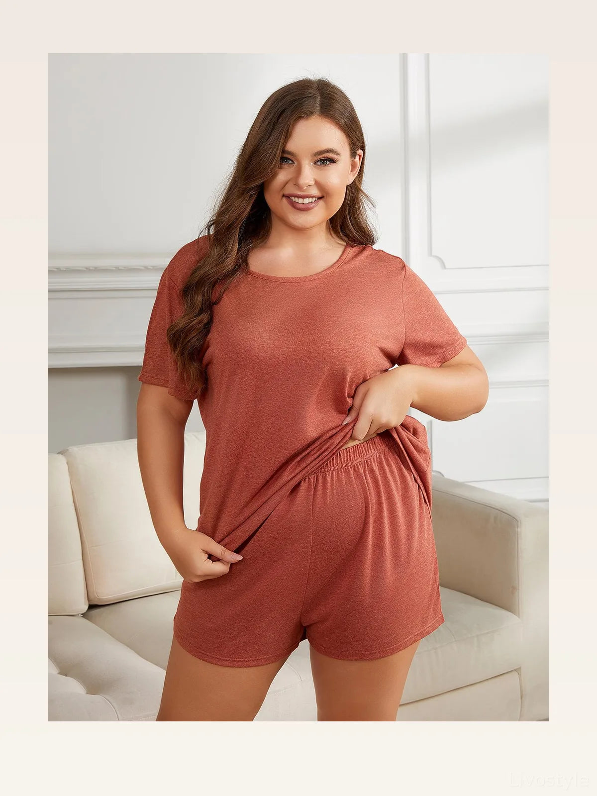 Round Neck Short Sleeve Two-Piece Loungewear Set with Shorts