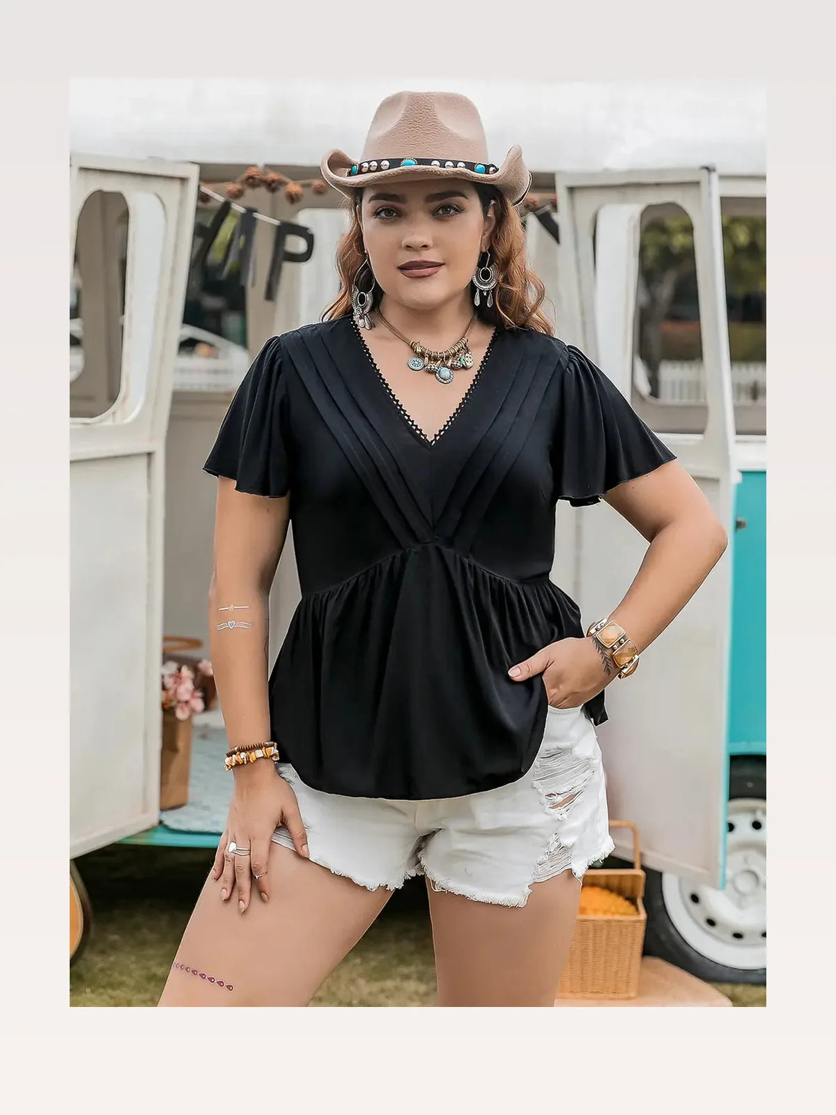 V-Neck Flutter Sleeve Blouse