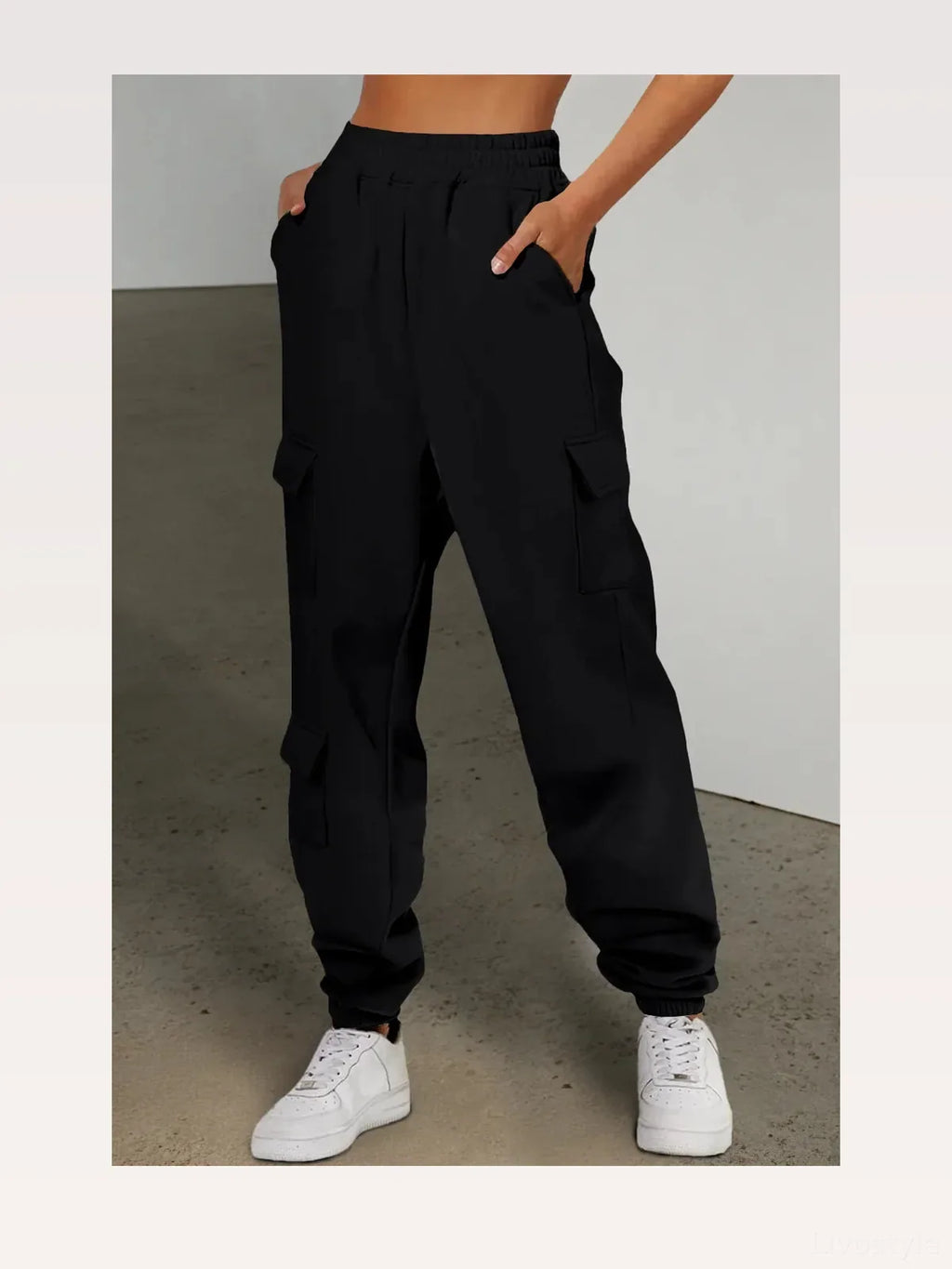 Black Pocketed Elastic Waist Drawstring Active Joggers