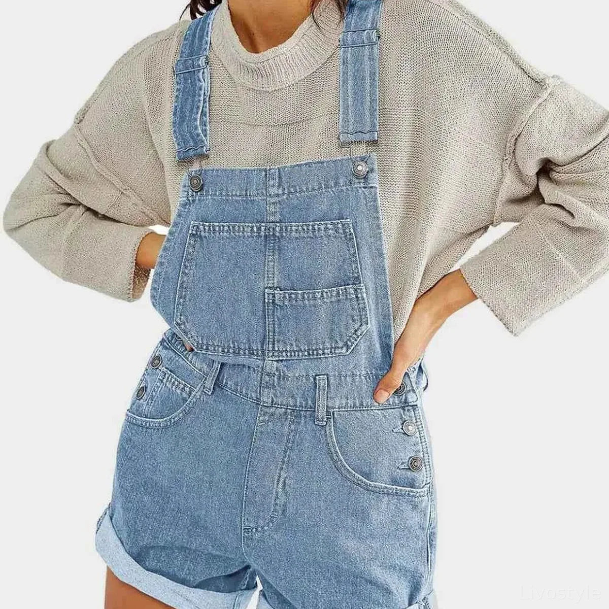 Pocketed Square Neck Wide Strap Denim Short Overalls
