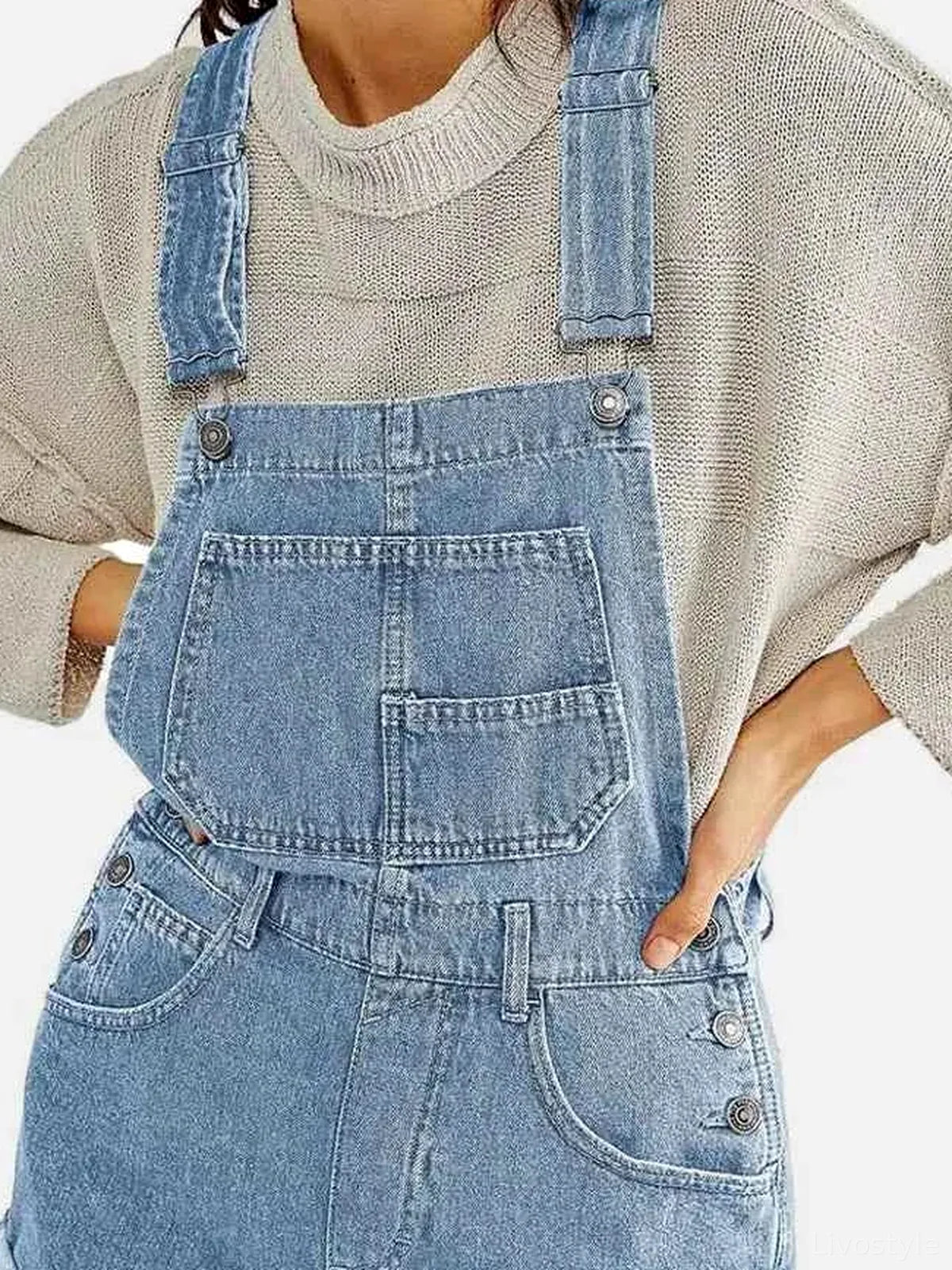 Pocketed Square Neck Wide Strap Denim Short Overalls