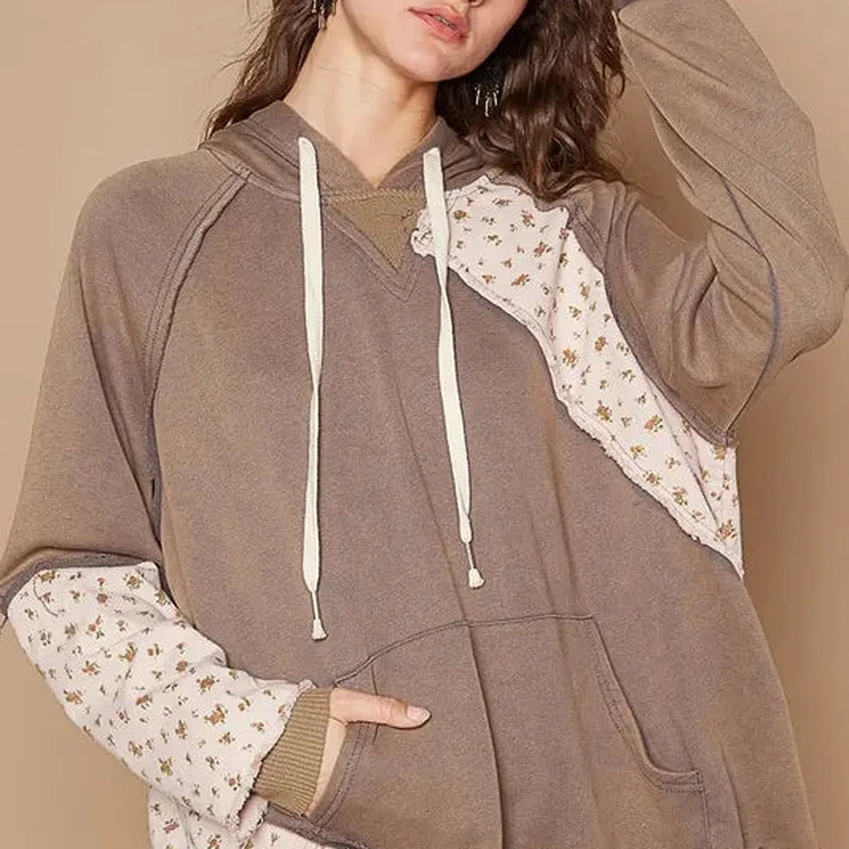 Floral Patchwork Distressed Drawstring Hoodie with Raglan Sleeves