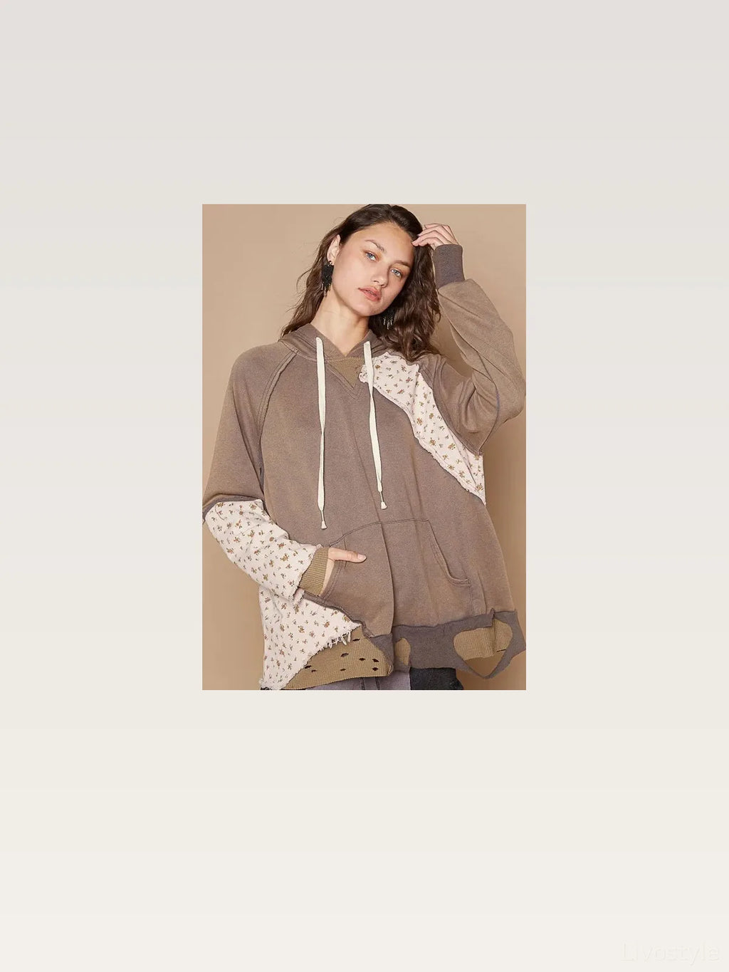 Floral Patchwork Distressed Drawstring Hoodie with Raglan Sleeves