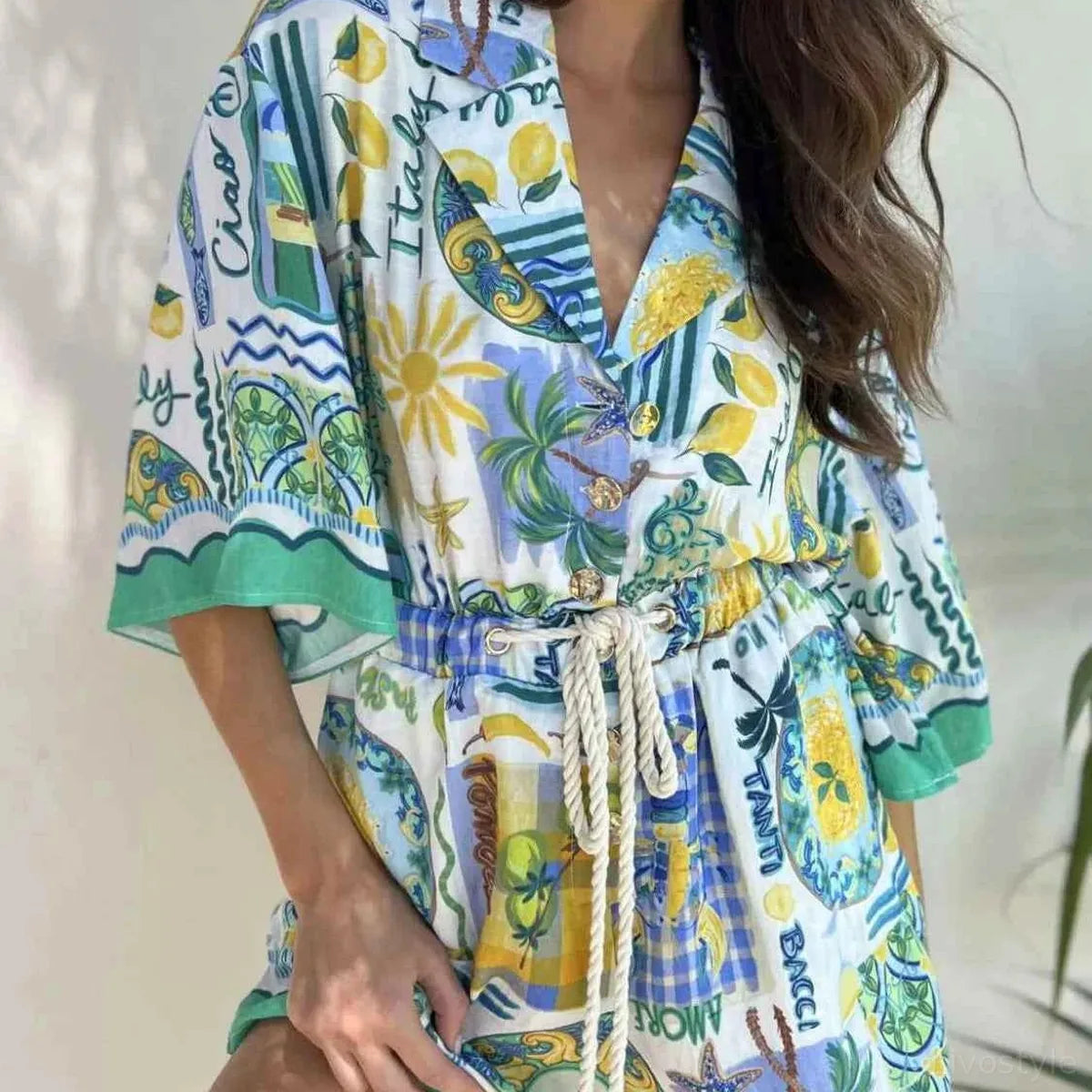Tropical Print Collared Half Sleeve Romper