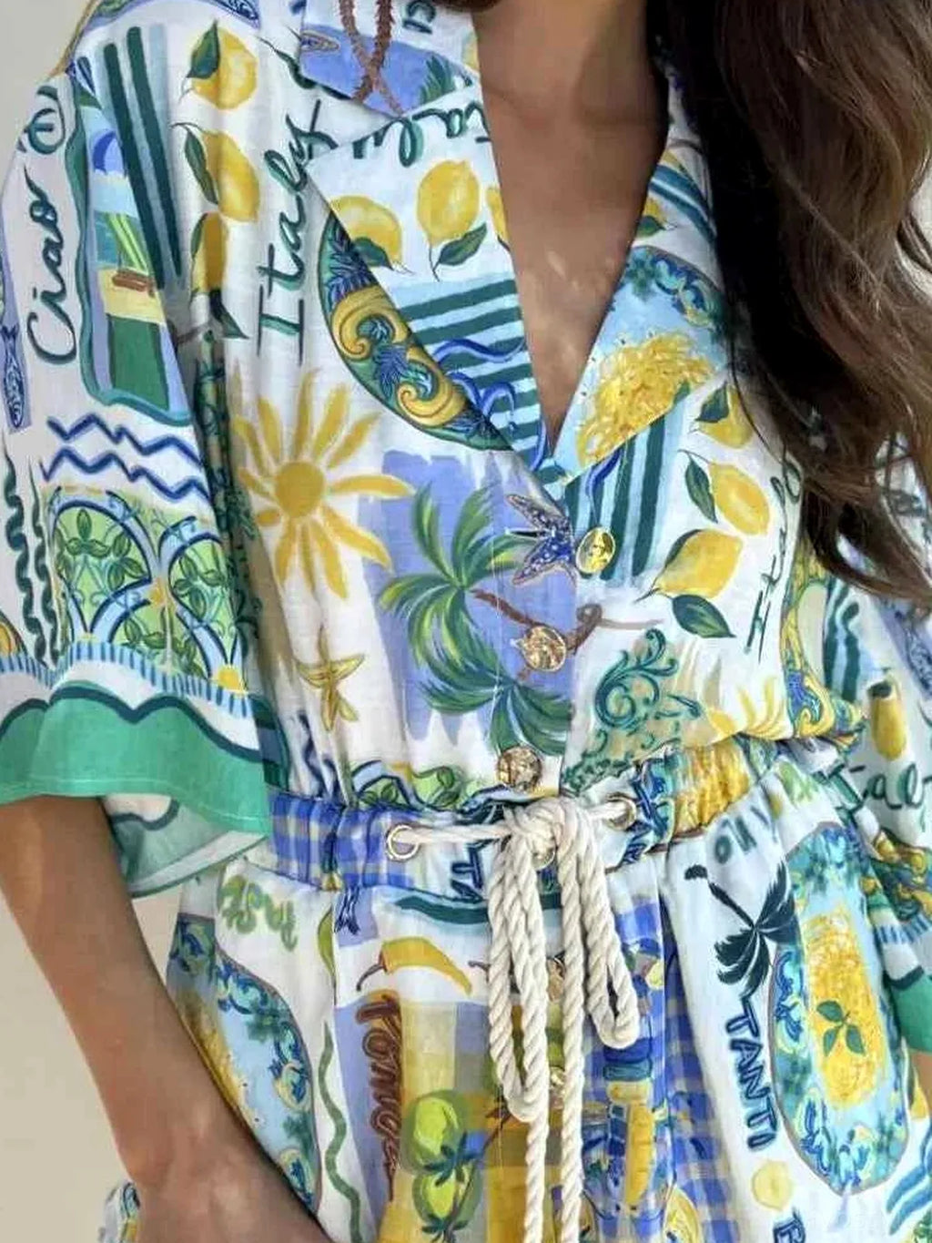 Tropical Print Collared Half Sleeve Romper
