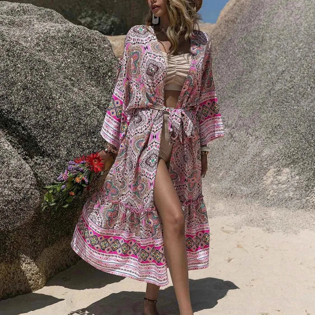Printed Open Front Cover-Up with Tied Waist