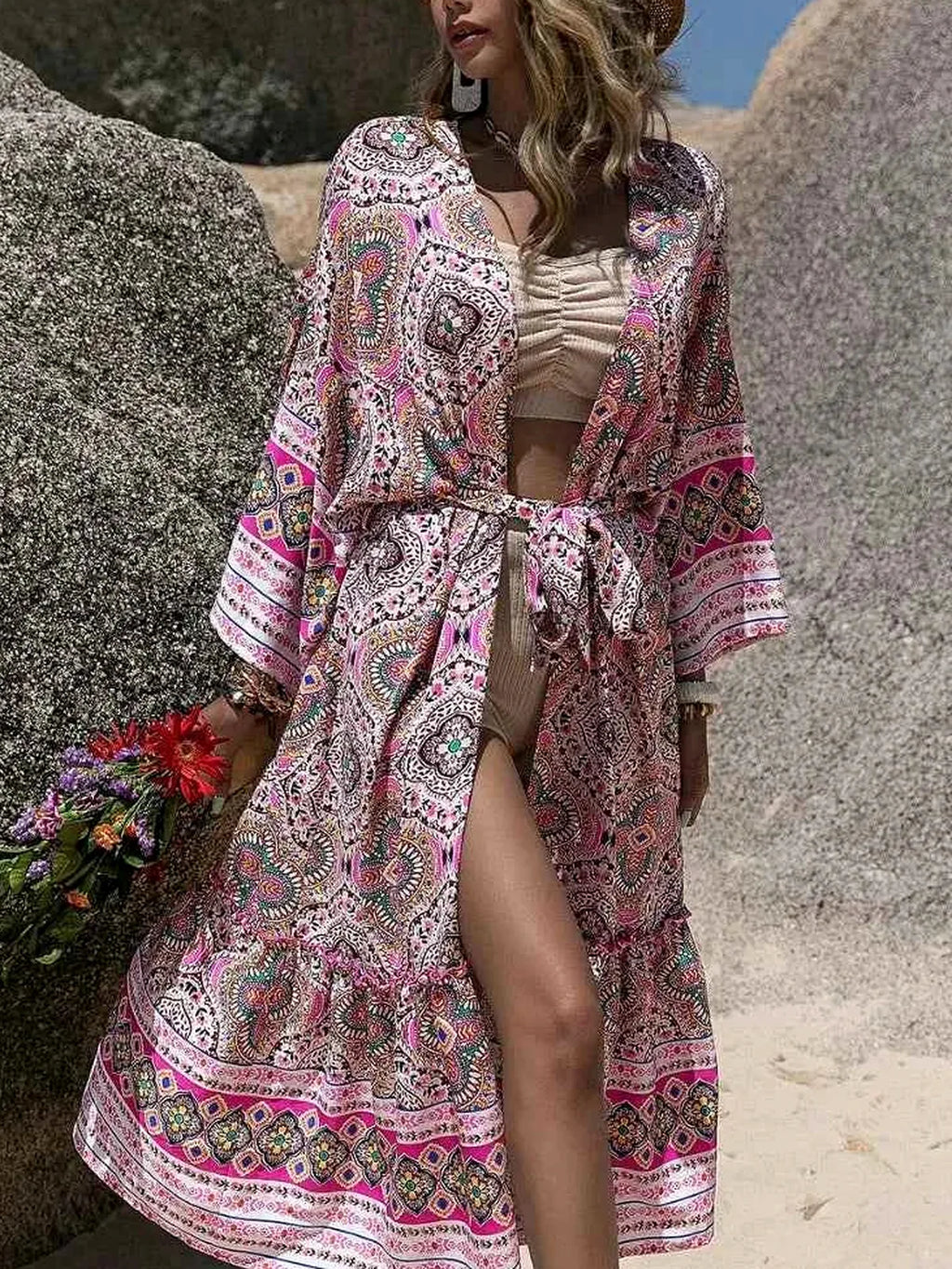 Printed Open Front Cover-Up with Tied Waist