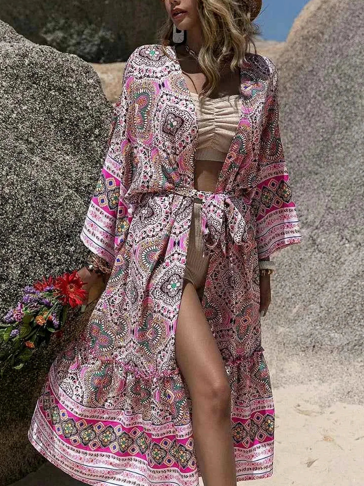 Printed Open Front Cover-Up with Tied Waist