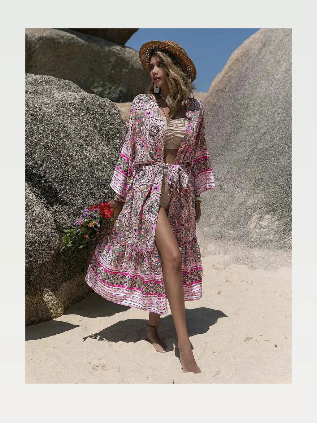 Printed Open Front Cover-Up with Tied Waist