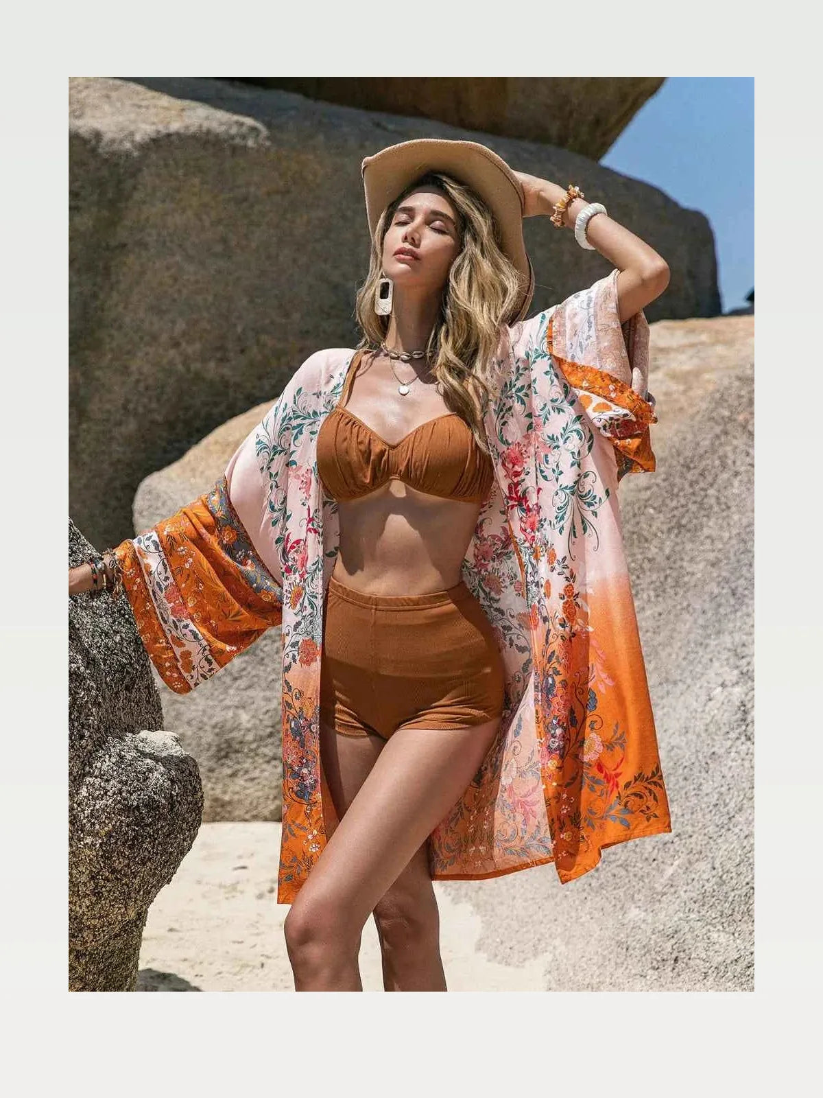 Printed Open Front Long Sleeve Kimono Cover-Up